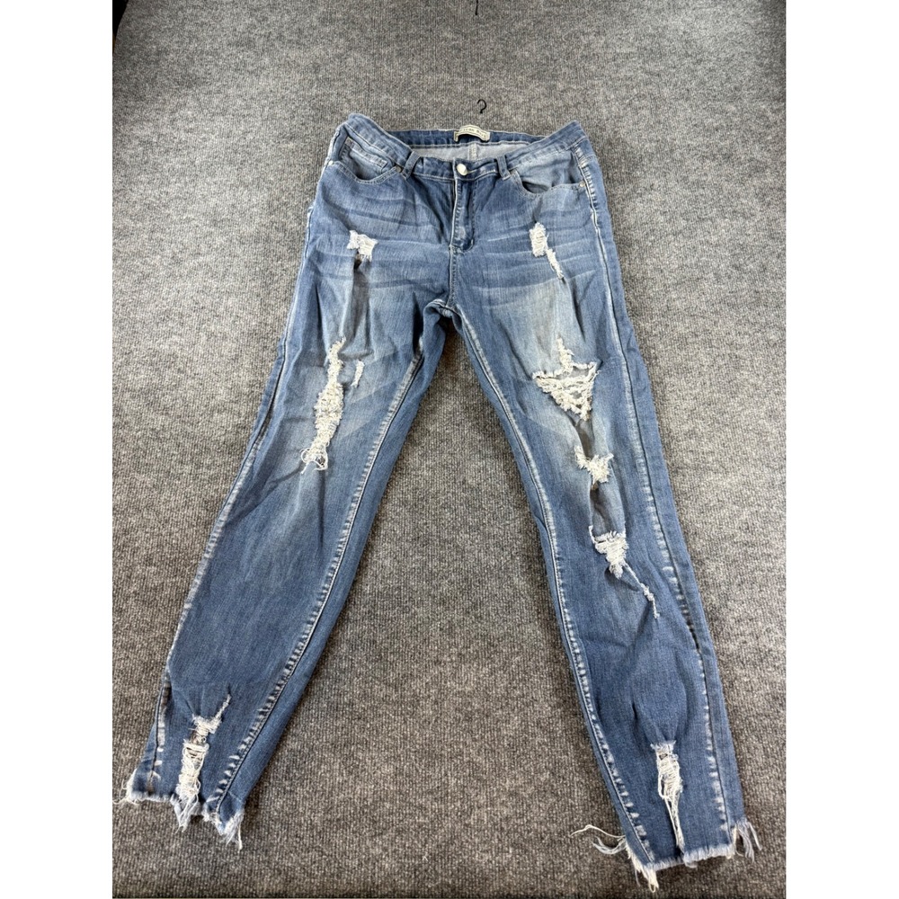 American Bazi Womens 1X Distressed Skinny Jeans Blue Ripped Raw Hem